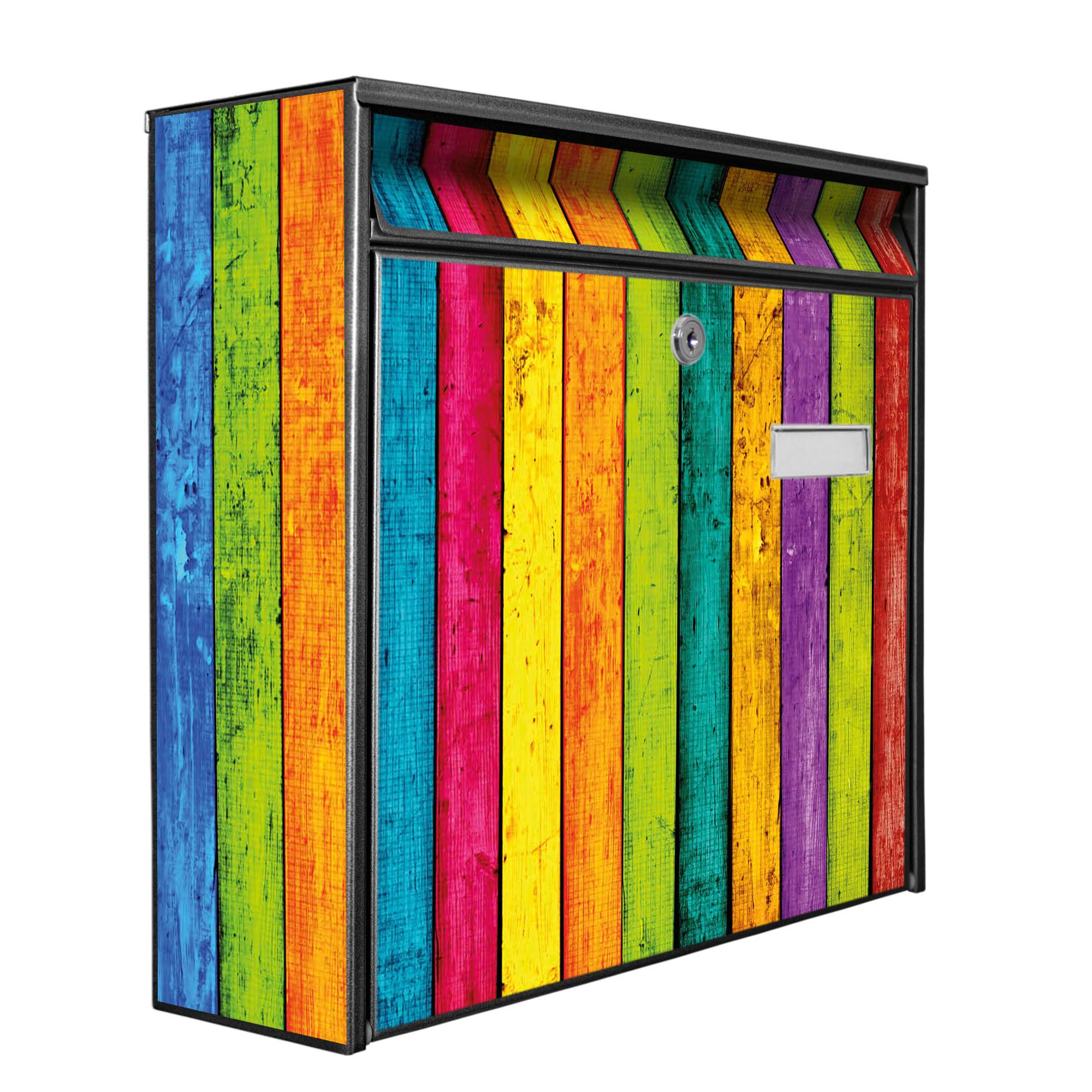 Banjado Briefkasten Bunte Holzlatten Schwarz A4 ohne Zeitungsfach