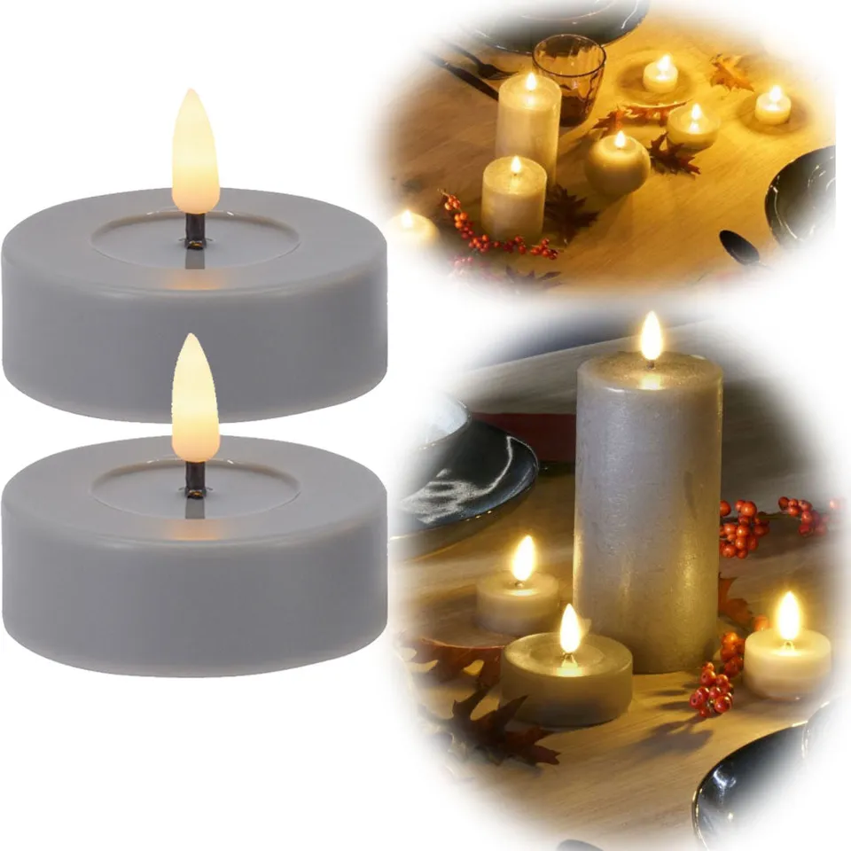 LS-LebenStil Ribe LED Teelichter Grau 2er Set 6,8 cm Echtwachs