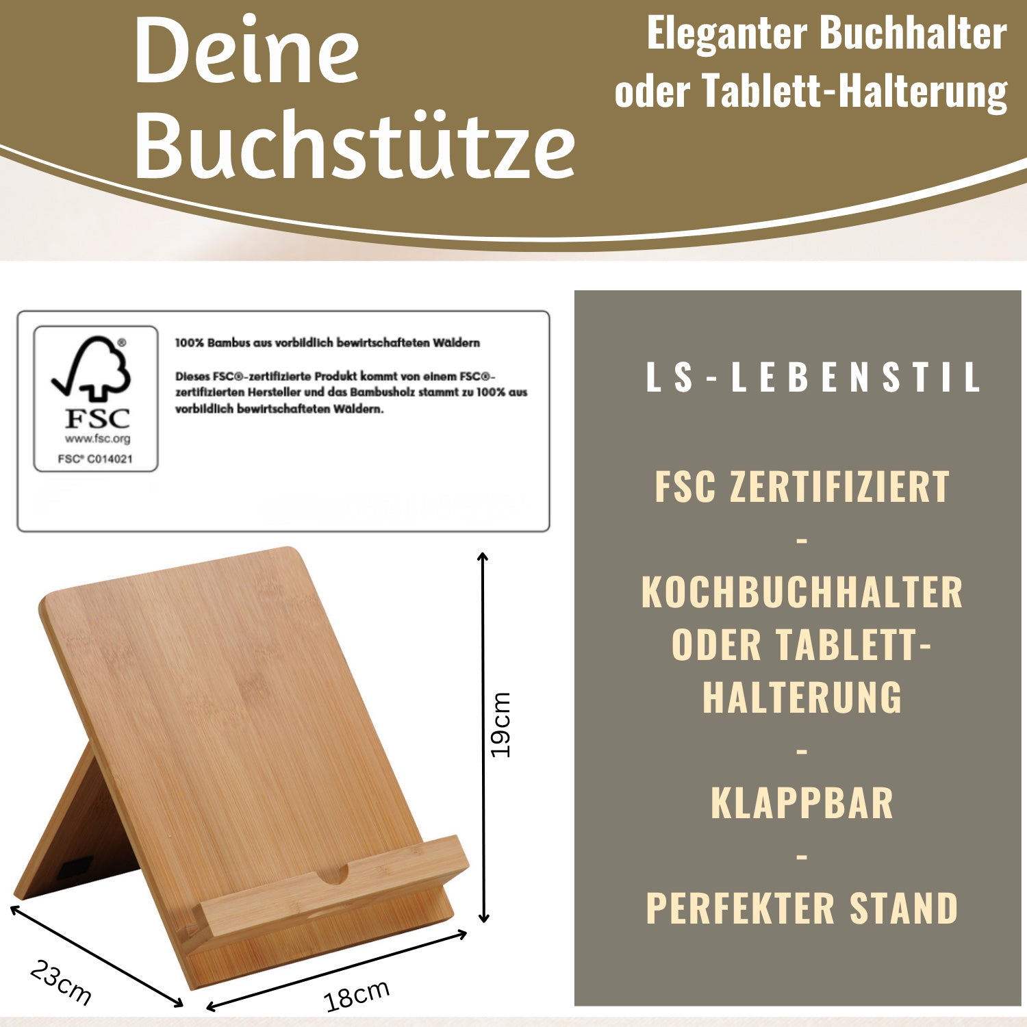 LS-LebenStil Kochbuchhalter Bambus 23x18cm braun klappbar