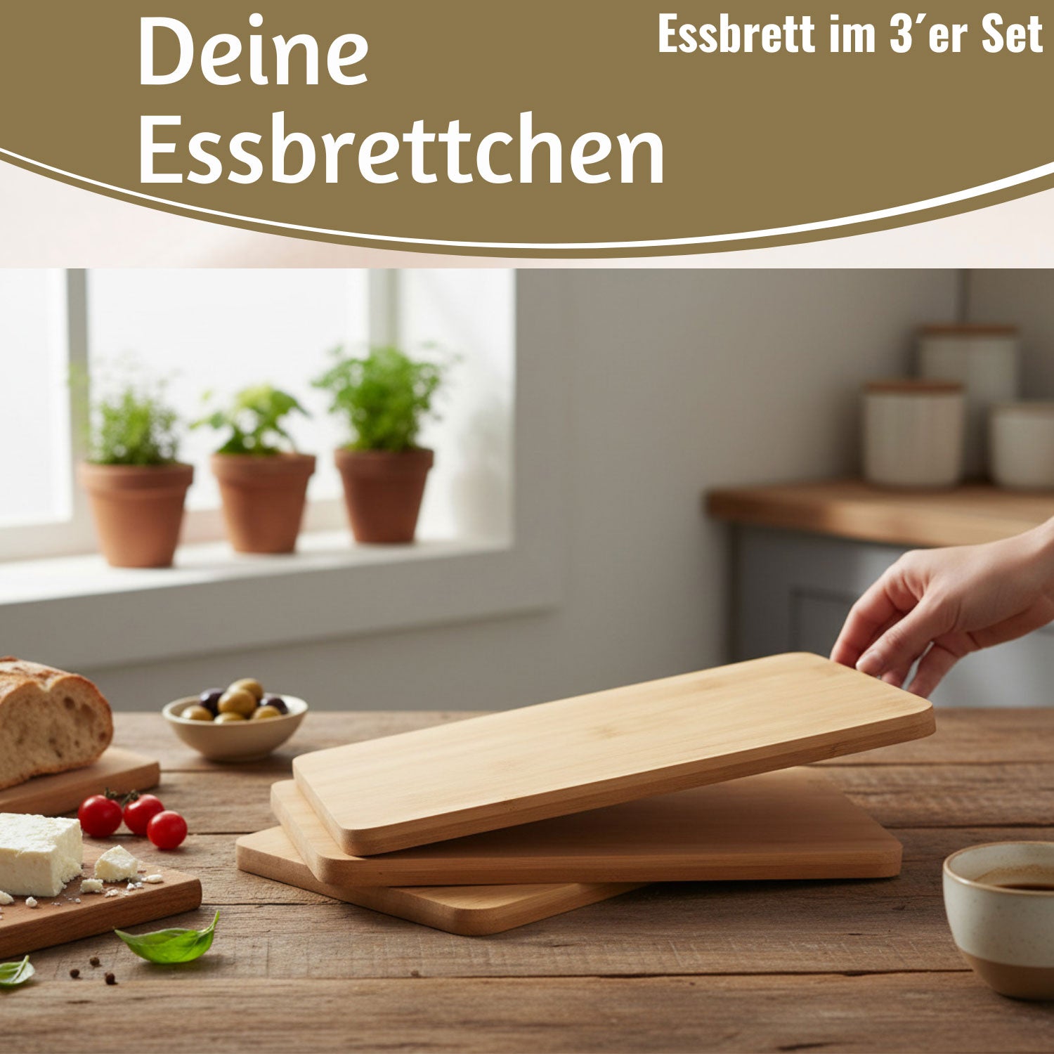 LS-LebenStil Frühstücksbrett Bambus 22x14cm 3er Set braun
