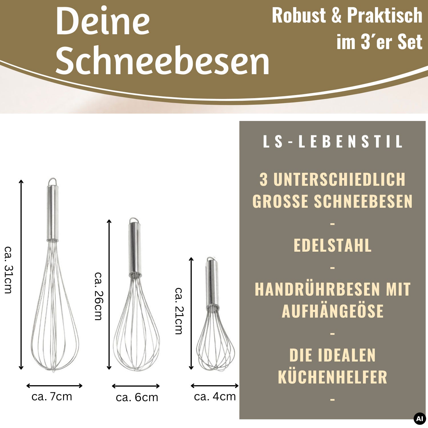 LS-LebenStil Küche & Haushalt Schneebesen Edelstahl 3er Set