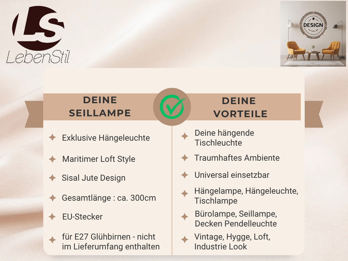 LS-LebenStil Möbel & Wohnen Pendelleuchte 300cm Schwarz Sisal-Seil