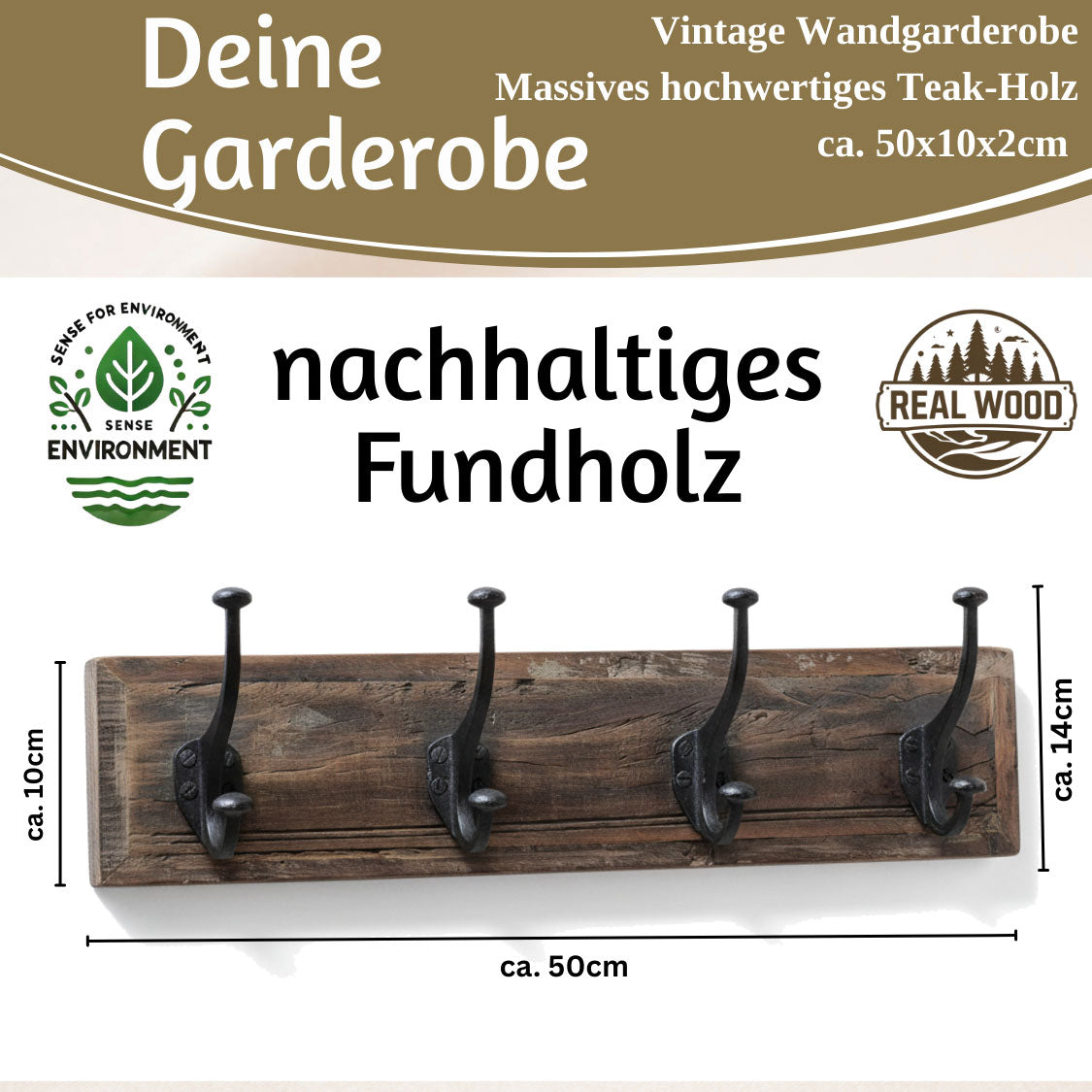 LS-LebenStil Dehli Wandgarderobe Teak Braun 50cm 4 Haken