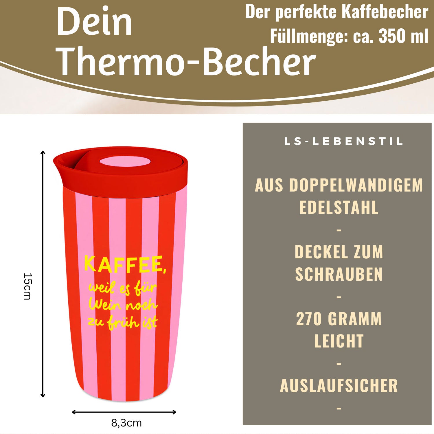 LS-LebenStil Thermobecher Edelstahl 350ml Pink Auslaufsicher