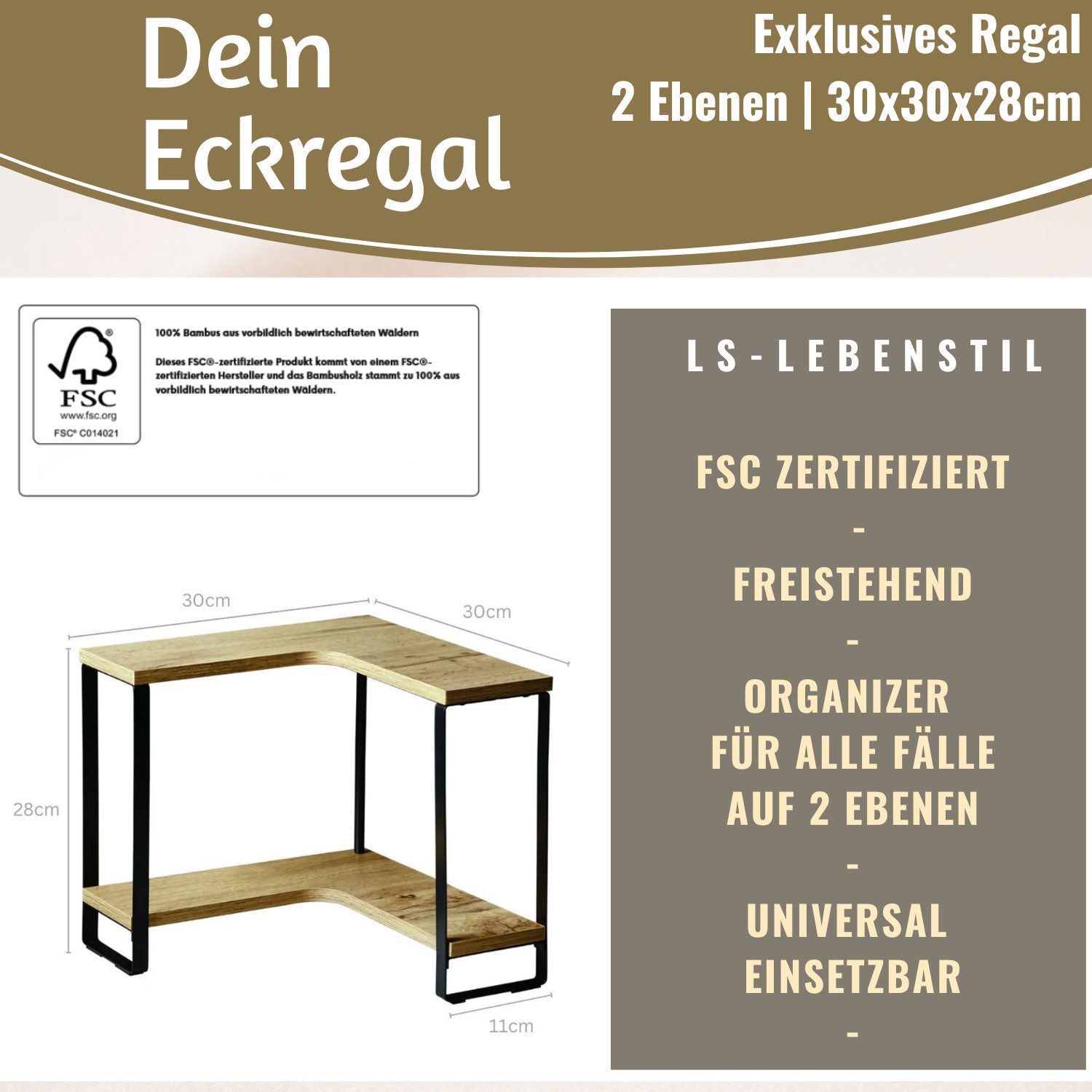 LS-LebenStil Küche Eckregal Holz 30x30cm 2 Ebenen Braun