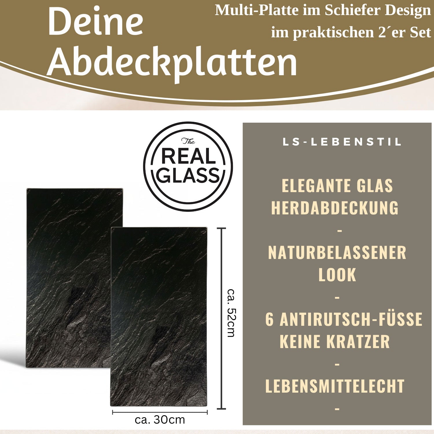 LS-LebenStil Küche & Haushalt Herdabdeckplatte Glas Schiefer 52x30cm 2er