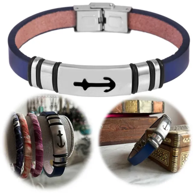 LS-LebenStil Sylt Lederarmband Unisex Anker Blau 21cm Echtleder