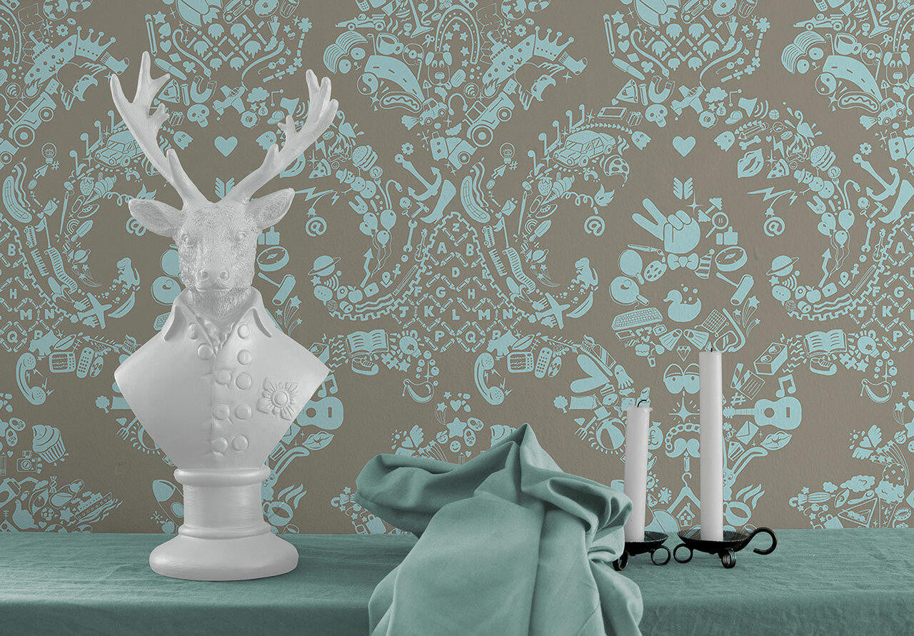 Mineheart New World Damask Tapete Rolle grau blau Ornament