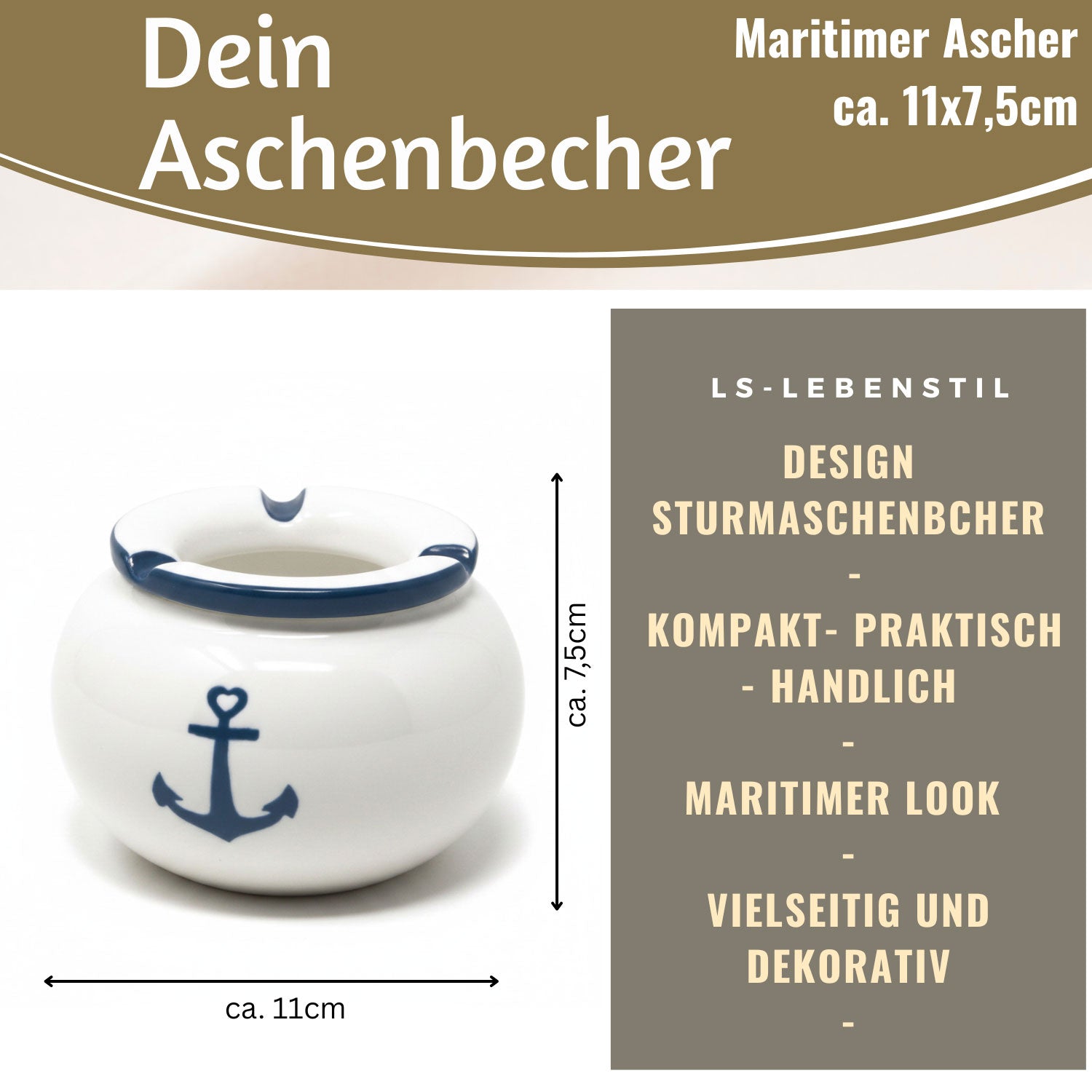 LS-LebenStil Küche & Haushalt Anker Sturmaschenbecher Keramik 10cm
