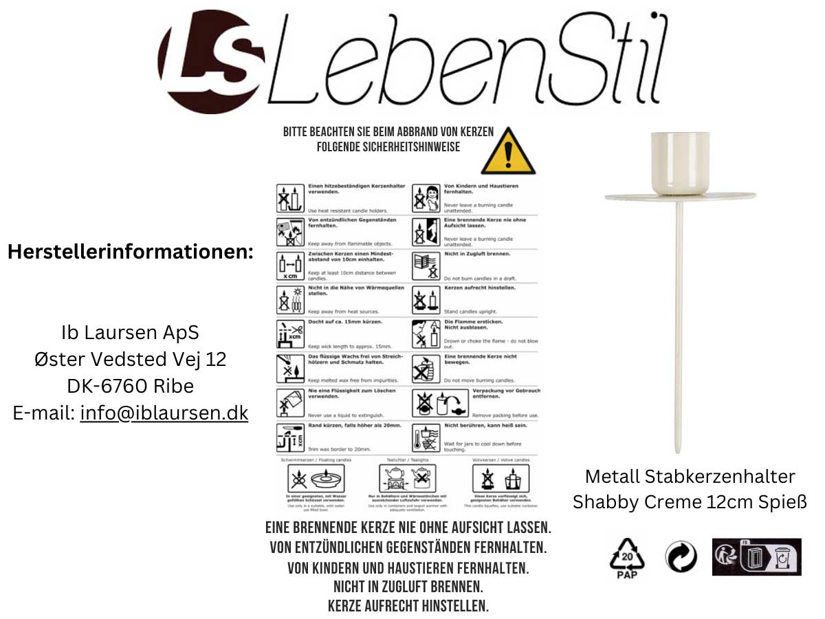 IB Laursen Stabkerzenhalter Metall Pastell Creme 12cm