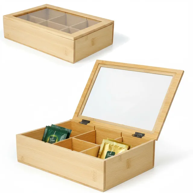 LS-LebenStil Teebox Bambus Holzbox 6 Fächer mit Deckel