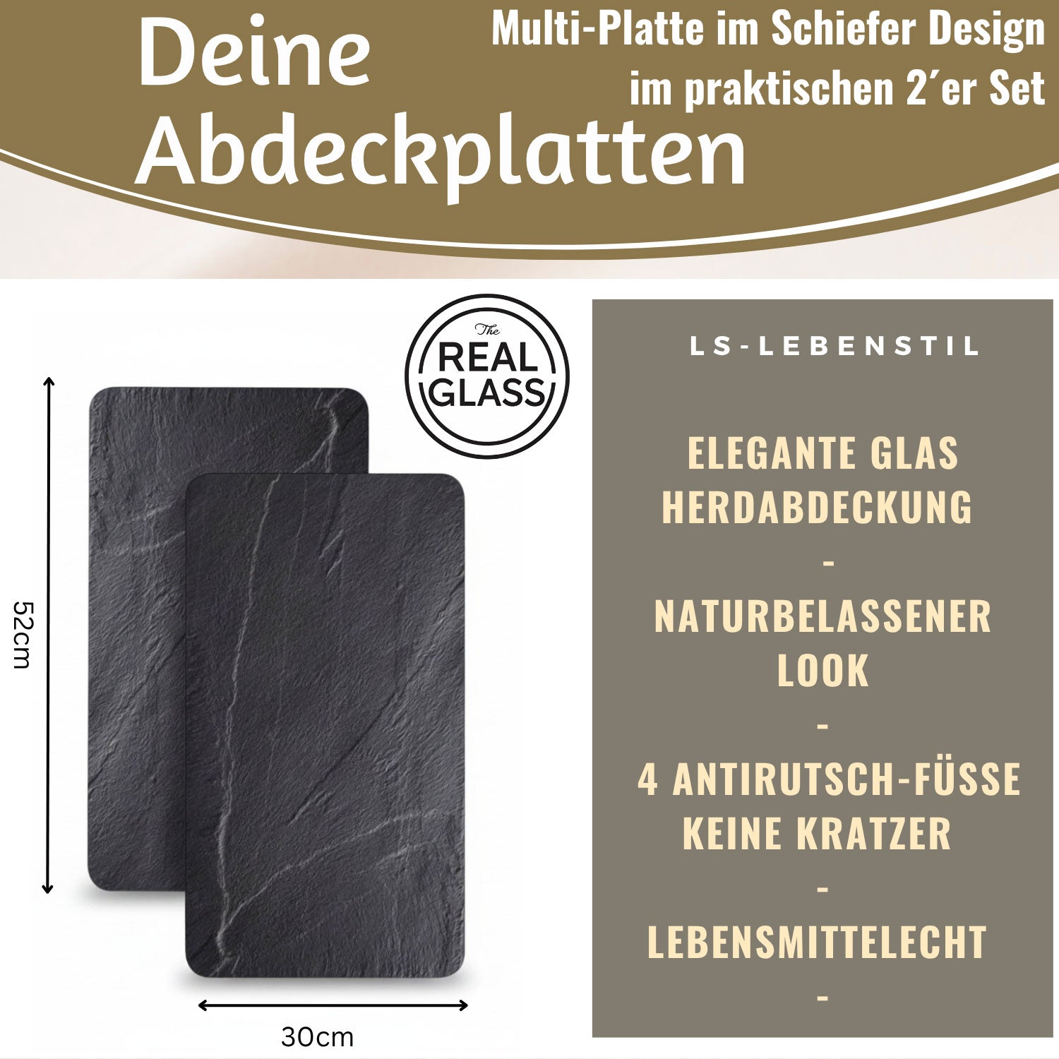 LS-LebenStil Küche & Haushalt Herdabdeckung Glas 52x30cm 2er Set