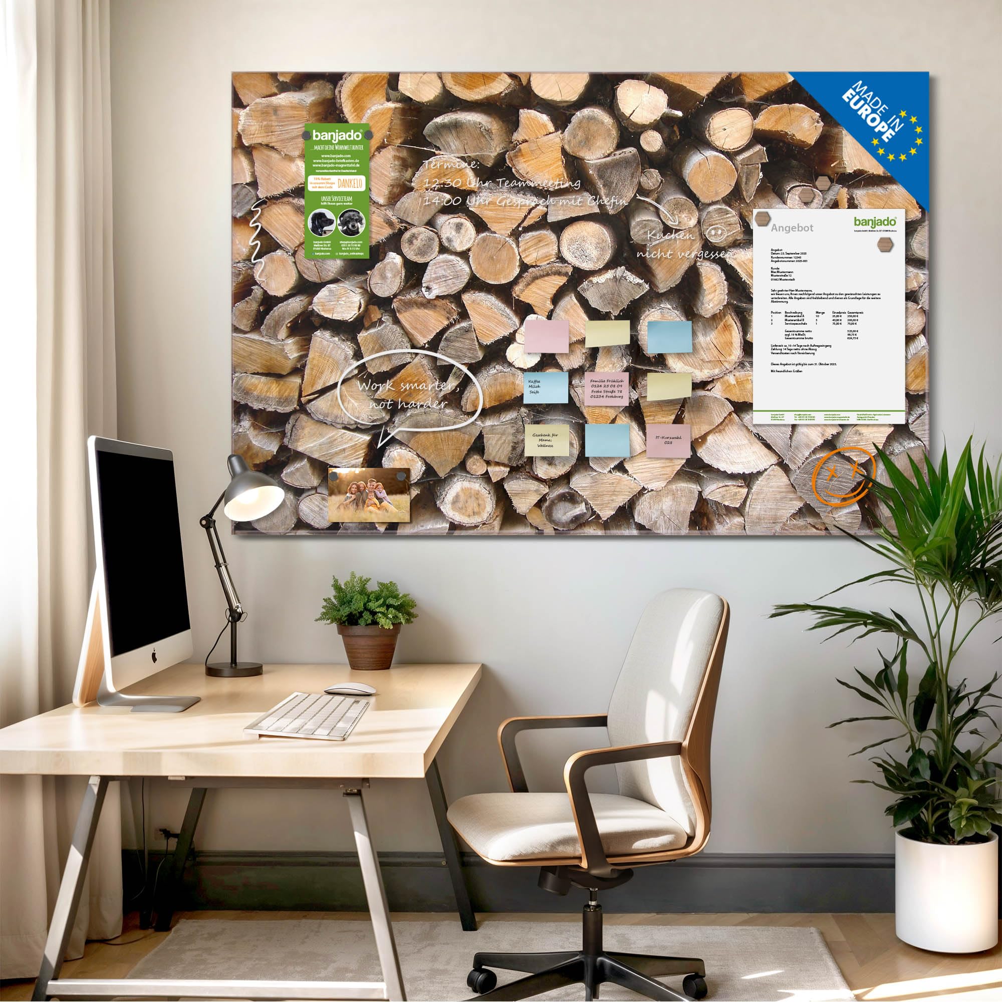 Banjado Magnettafel Holzstapel Glas-Magnettafel 120x80 cm Holz