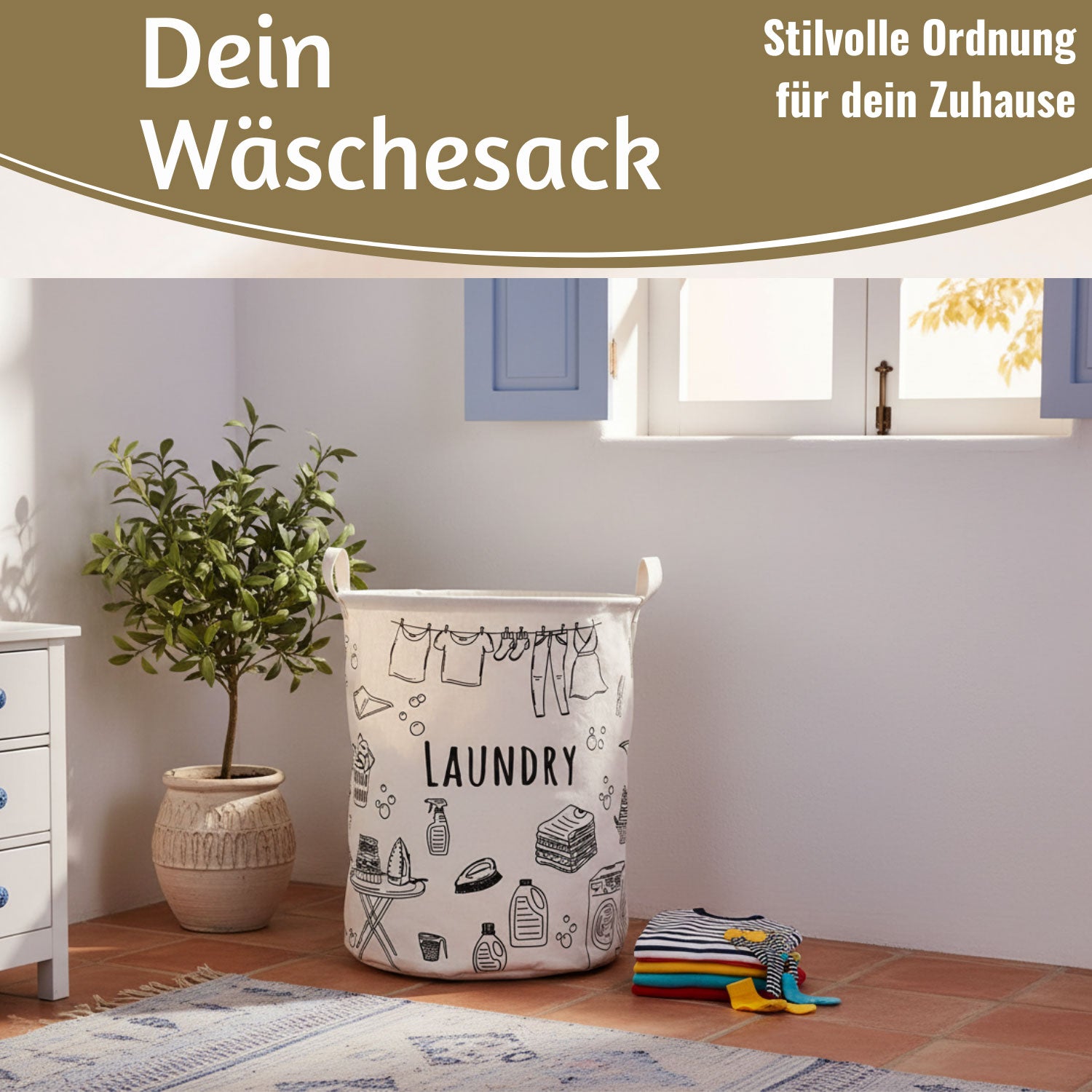 LS-LebenStil Laundry Wäschesack Canvas 62L creme 50cm faltbar