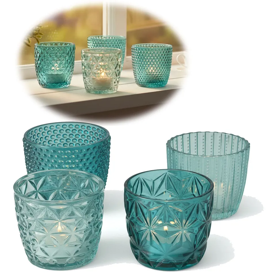 LS-LebenStil Küche & Haushalt Teelichthalter Glas türkis 7cm 4er Set