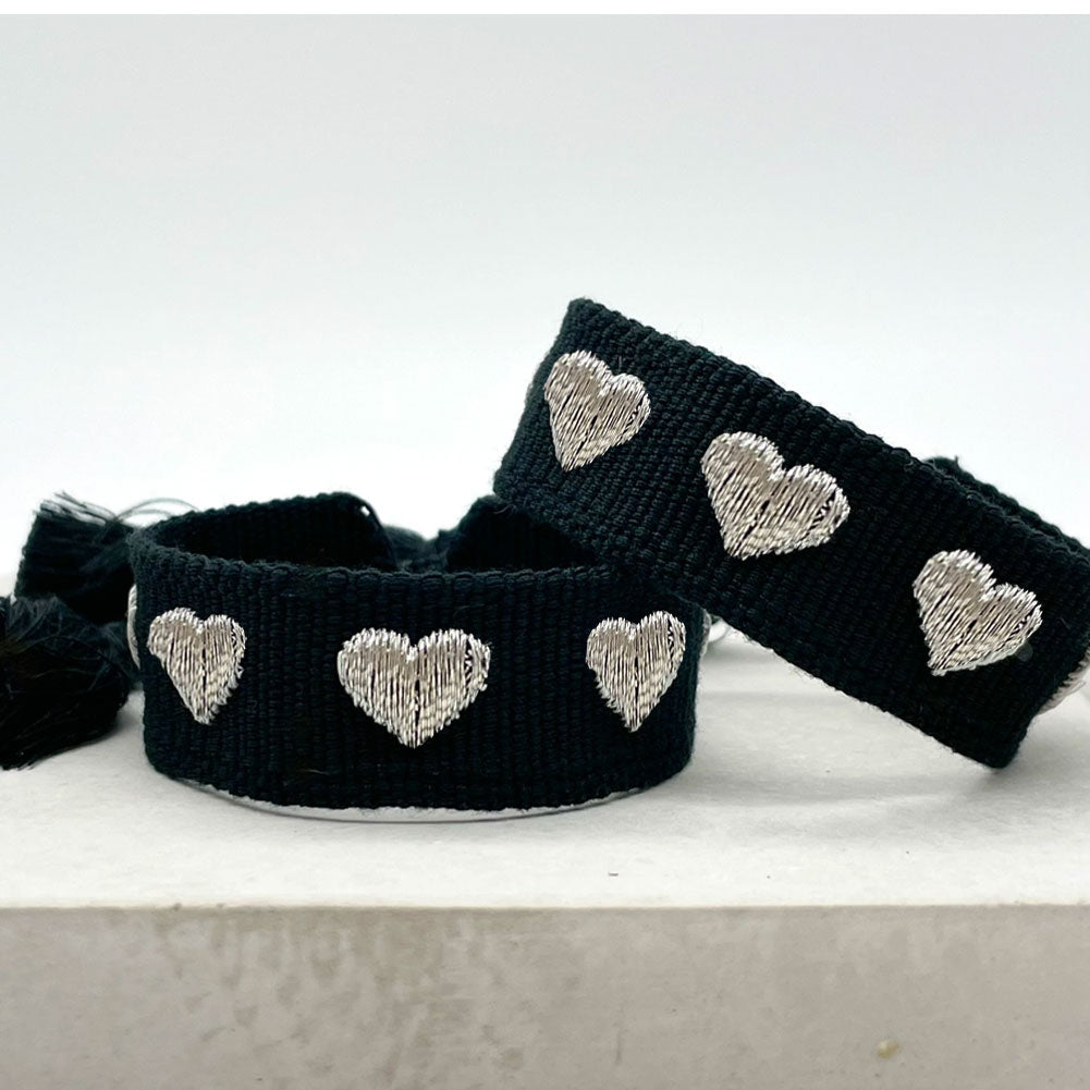 LS-LebenStil Uhren & Schmuck Canvas Armband Herzen Schwarz 20cm