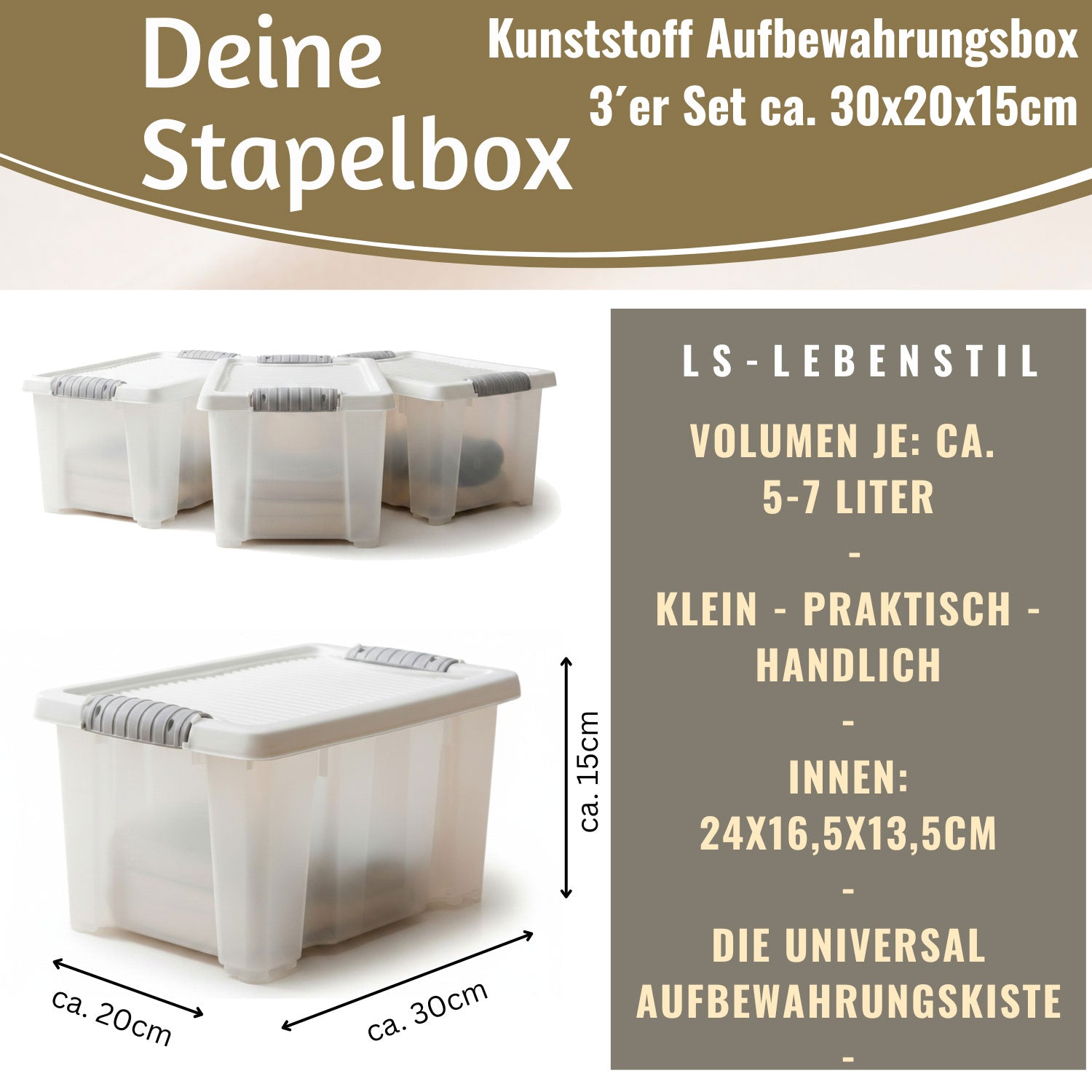LS-LebenStil Möbel & Wohnen Stapelbox 3er-Set 30x20x15cm Transparent