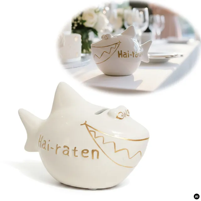 LS-LebenStil Möbel & Wohnen Hai-Raten Sparschwein Weiß Gold Keramik
