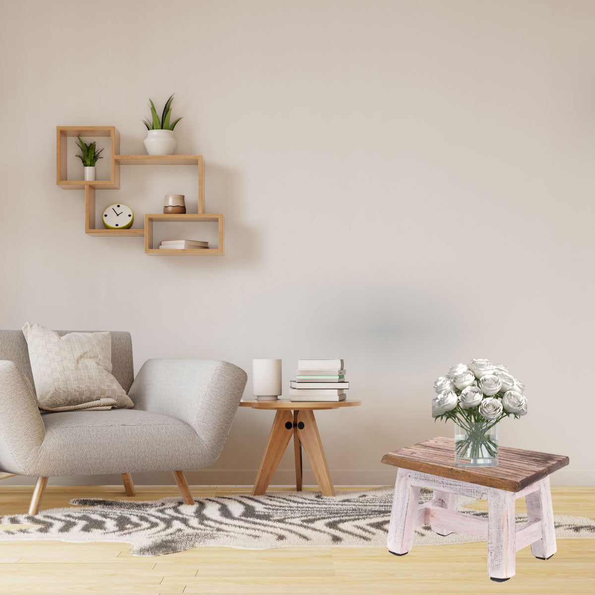 LS-LebenStil Möbel & Wohnen Fußhocker Braun Weiß 30cm Holz