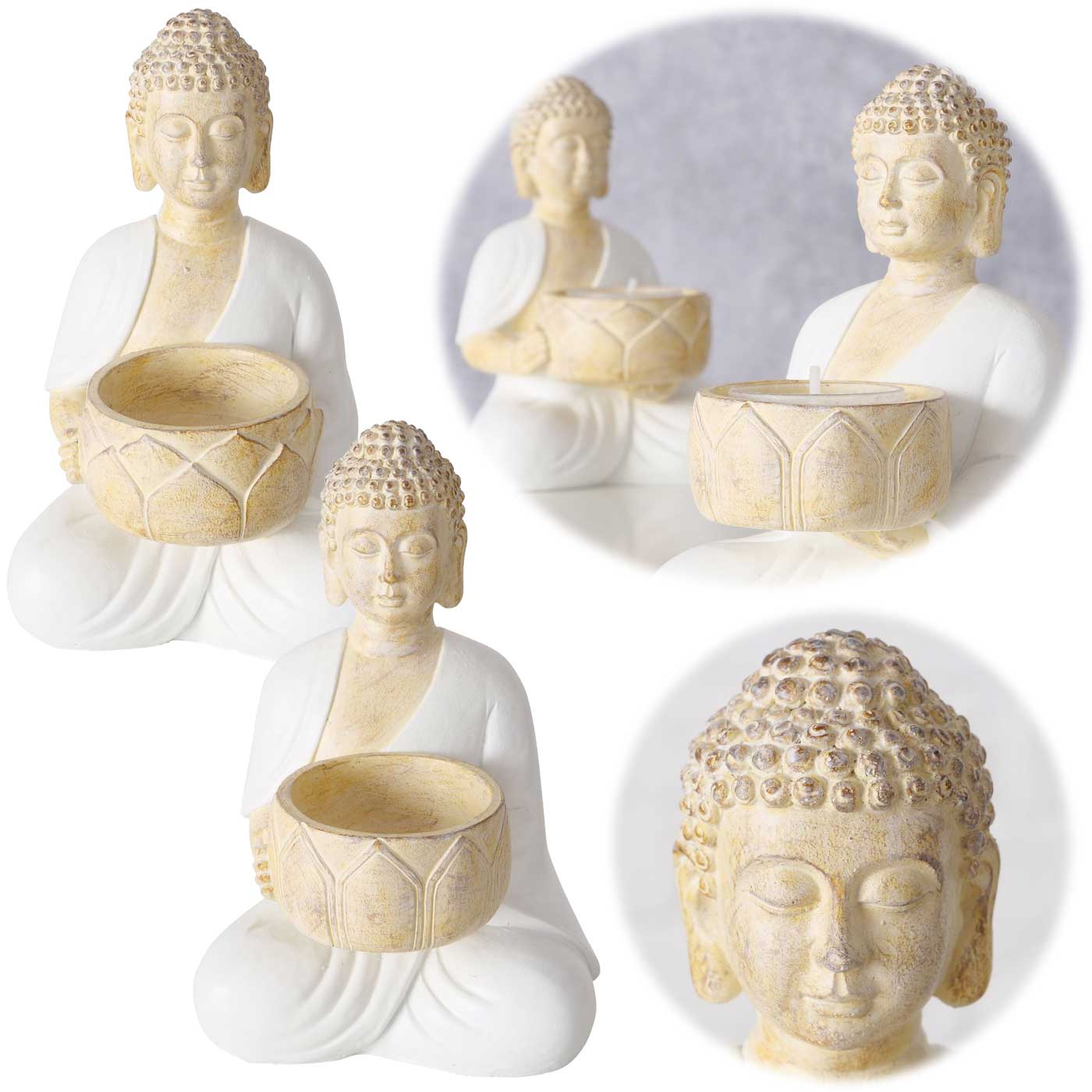 LS-LebenStil Buddha Teelichthalter 2er-Set Beige Weiß 15cm