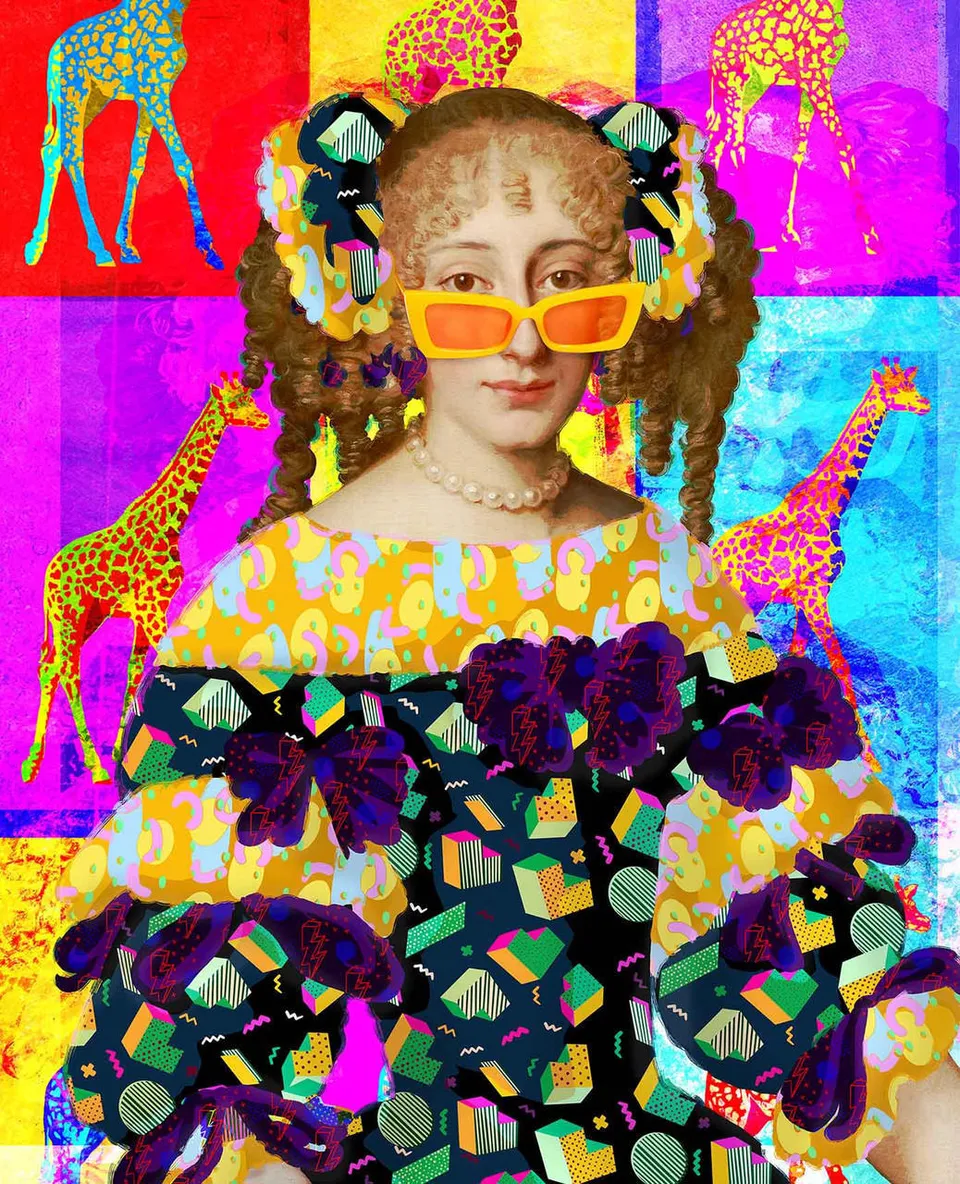 Mineheart Pop Giraffe and Sunglasses Lady Wandbild 30x41 cm