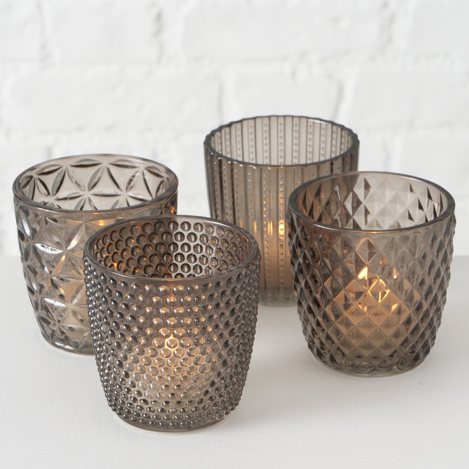 LS-LebenStil Küche & Haushalt Teelichthalter Glas Grau 7cm 4er Set