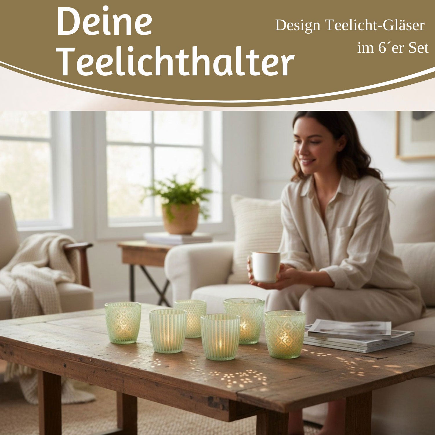 LS-LebenStil Küche & Haushalt Teelichthalter Glas Grün Weiß 6er Set