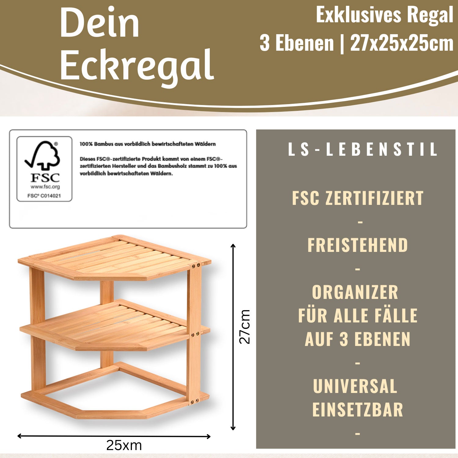 LS-LebenStil Küche & Haushalt Eckregal Bambus 27x25cm 3 Ablagen
