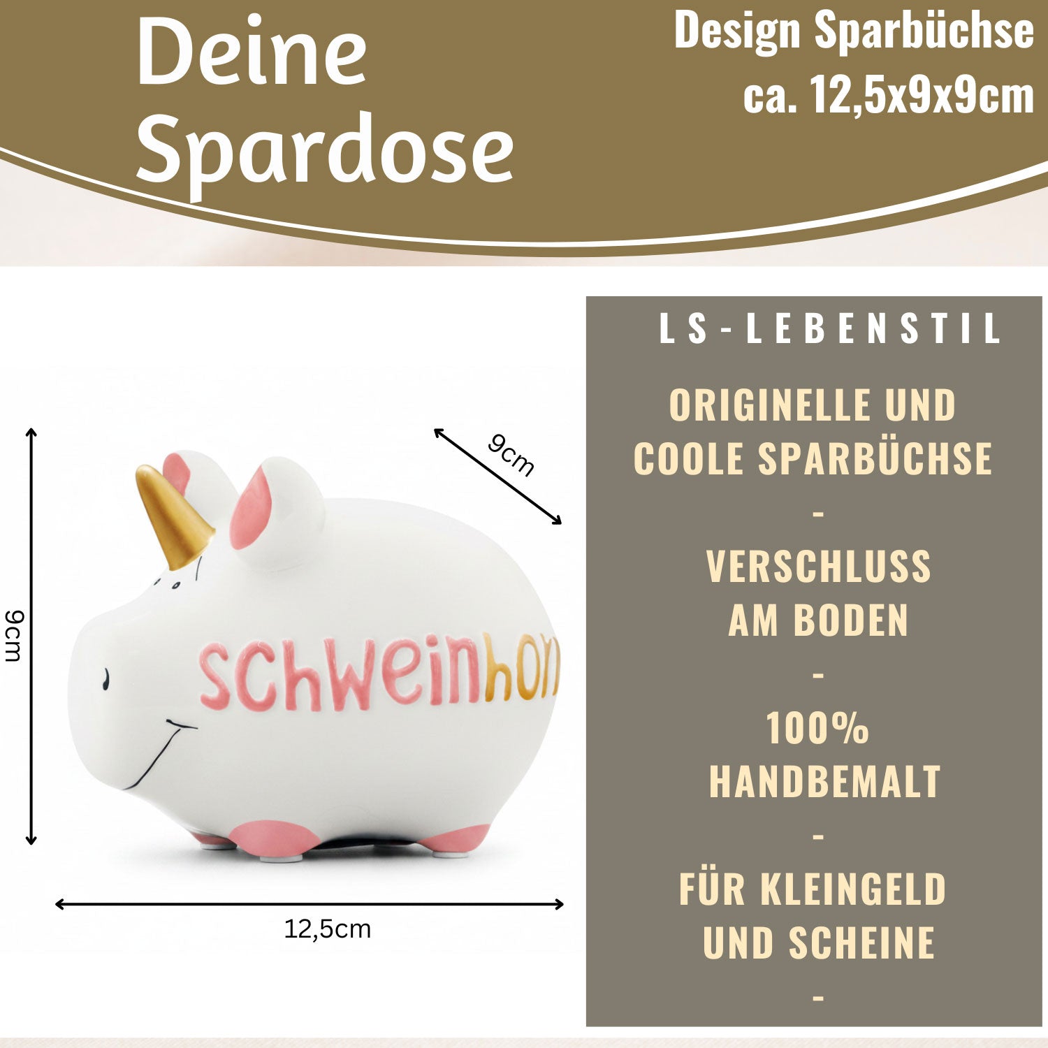 LS-LebenStil Möbel Wohnen Schweinhorn Spardose Weiß Rosa