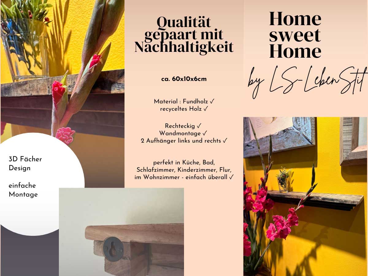 LS-LebenStil Küche & Haushalt Dehli Wandregal Holz 60cm braun