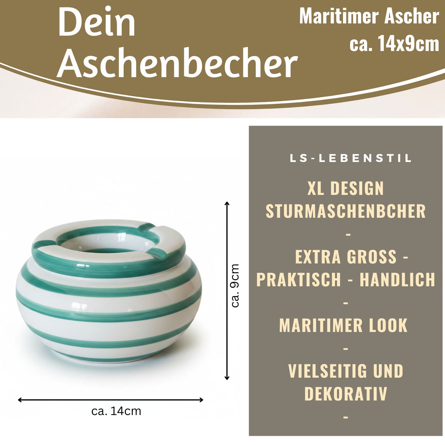 LS-LebenStil Sturmaschenbecher XL Türkis-Weiß 14x9cm