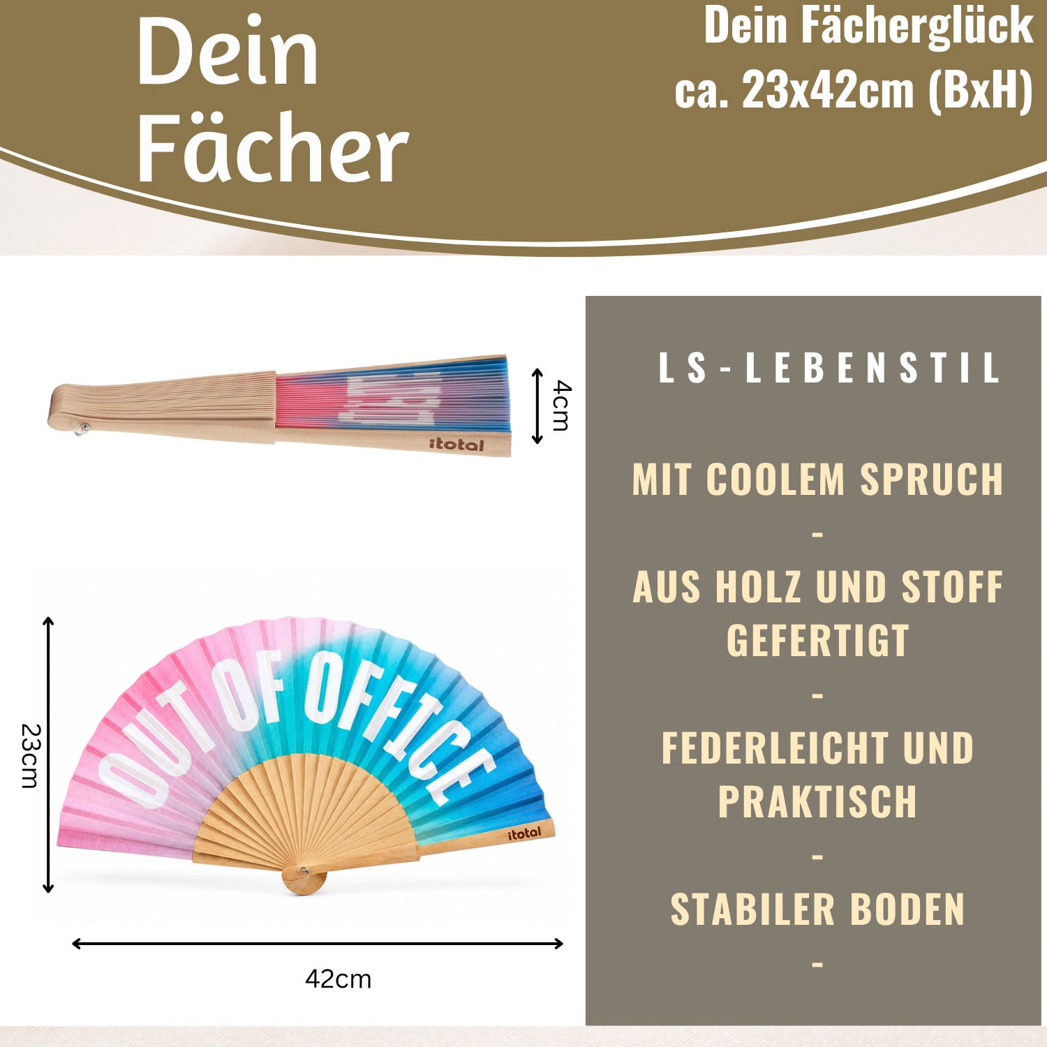 LS-LebenStil Shopper & Taschen Handfächer Out of Office 23x42cm