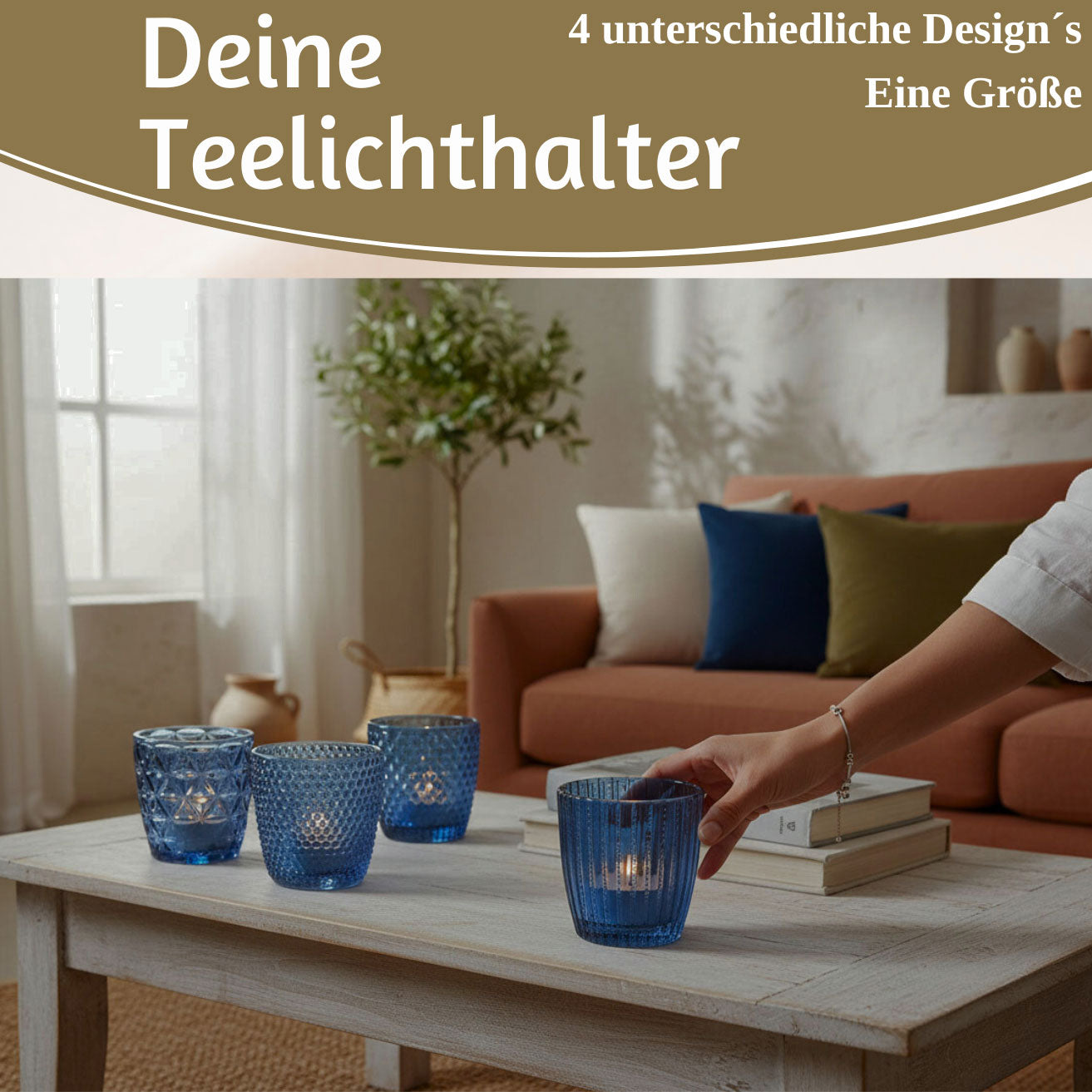 LS-LebenStil Küche & Haushalt 4er Teelichthalter Glas Retro Blau 7cm