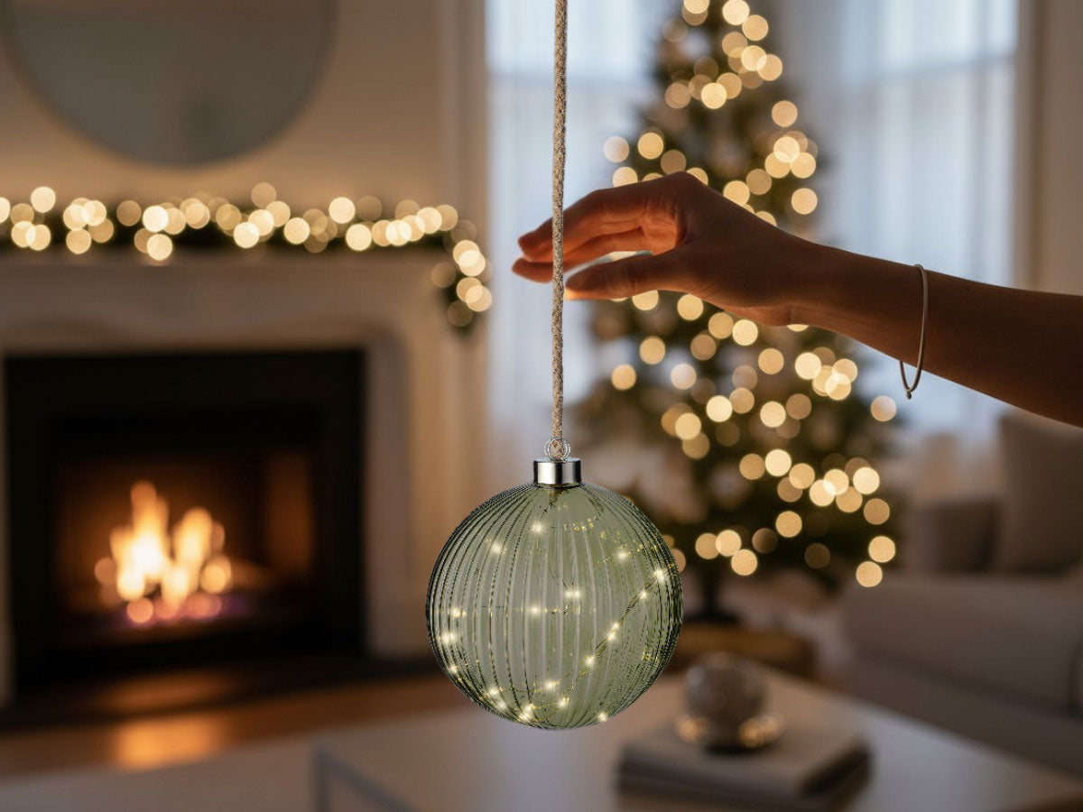 LS-LebenStil Kampen XL Deko Lichtkugel 14cm Grün Silber 30 LED