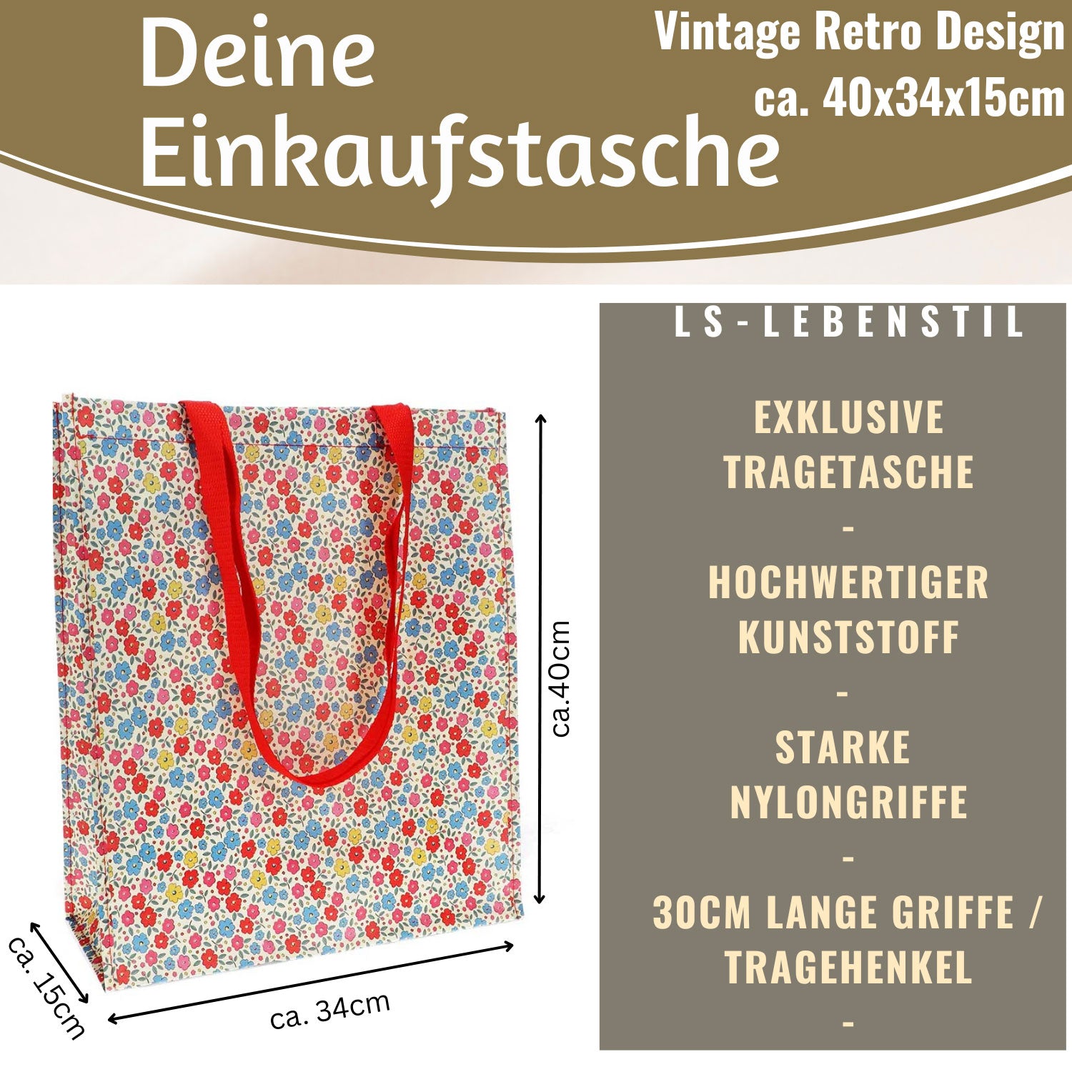 LS-LebenStil Tilde Blumen Shopper Einkaufstasche Bunt faltbar