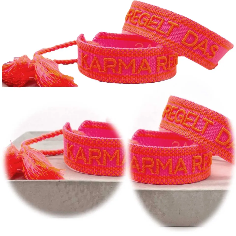 LS-LebenStil Karma Statement Armband Neon Pink Orange Quasten