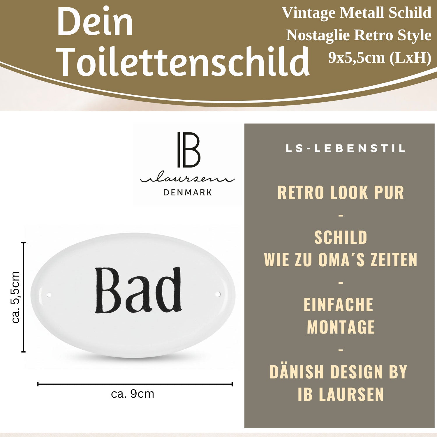 LS-LebenStil Möbel & Wohnen Türschild Metall Bad Weiß 9x5,5cm