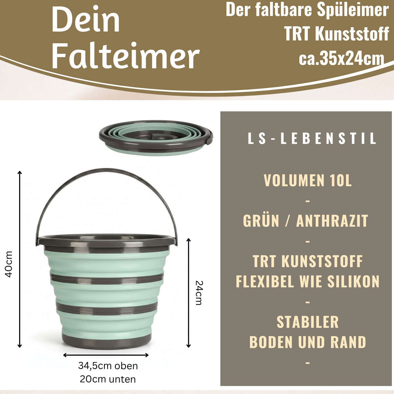 LS-LebenStil Flexibler Putzeimer 10L Faltbar 35x24cm Grün