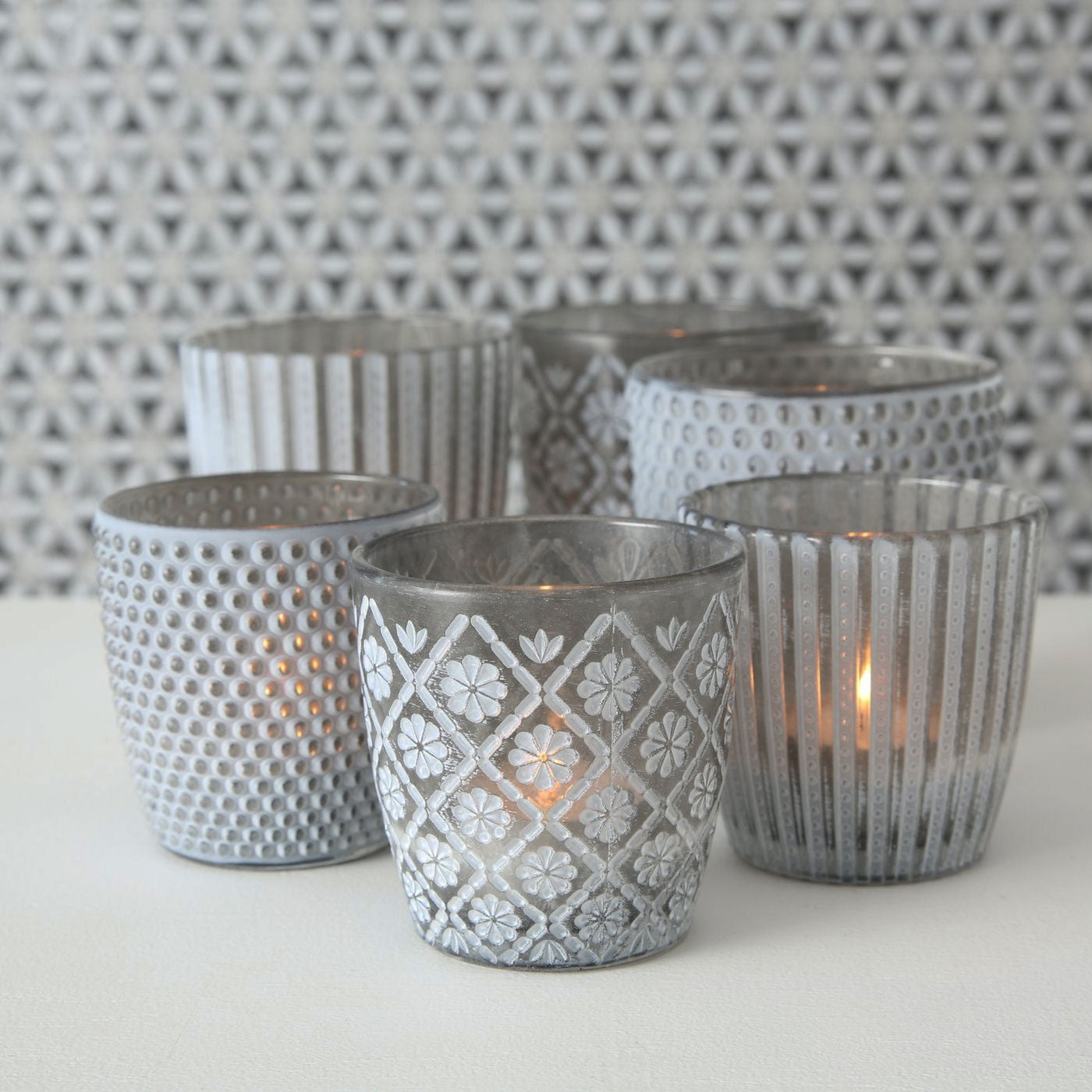 LS-LebenStil Küche & Haushalt Teelichthalter Glas Grau 2er Set Retro