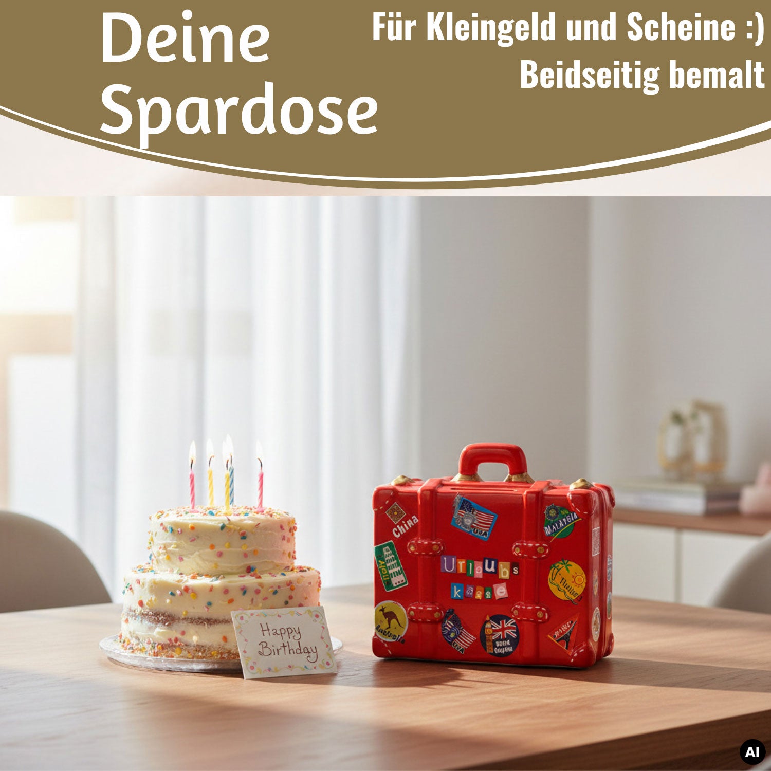 LS-LebenStil Urlaubskasse Sparschwein Koffer Rot Keramik