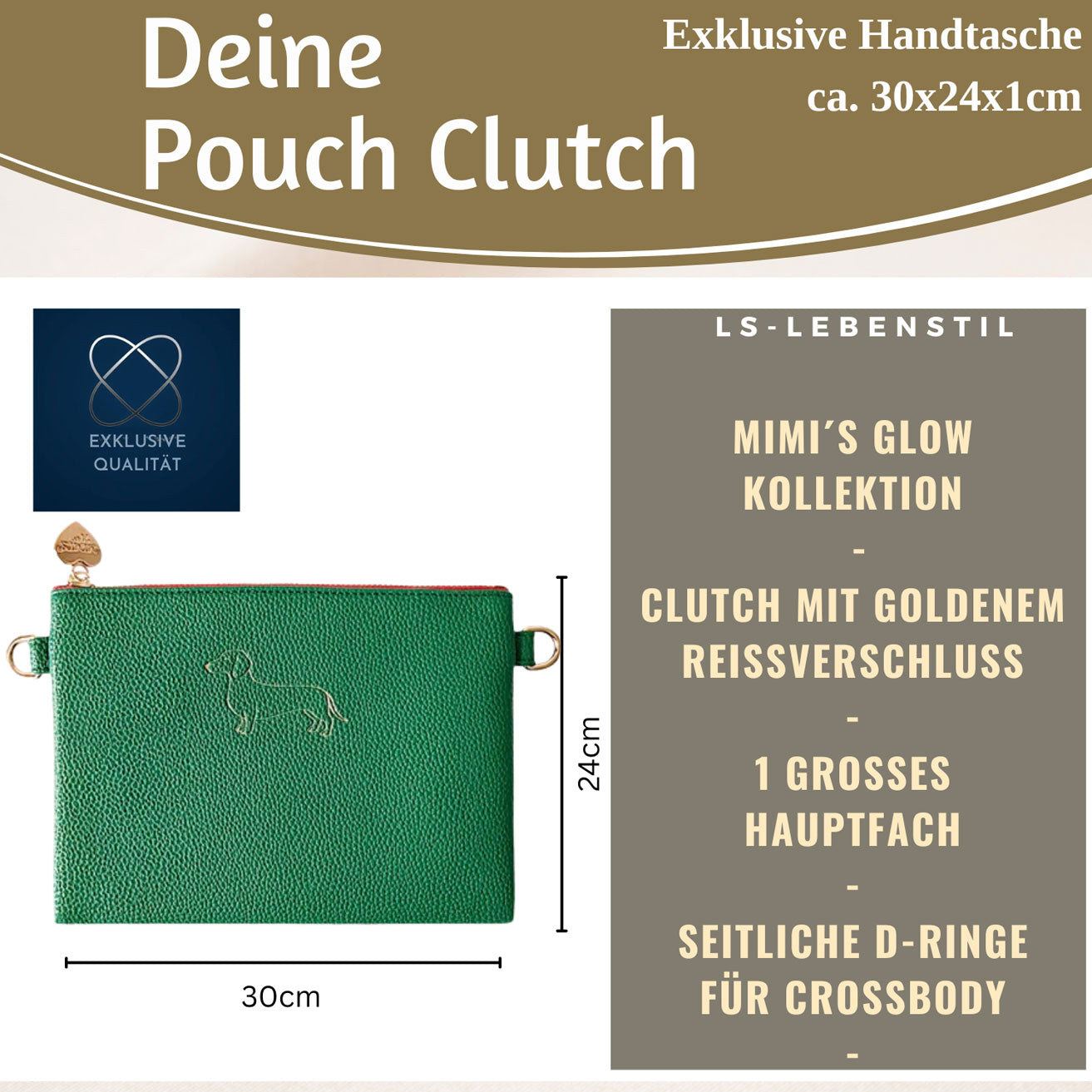 Mimi's Glow Stella Clutch Dackel XL 30cm Grün PU-Leder