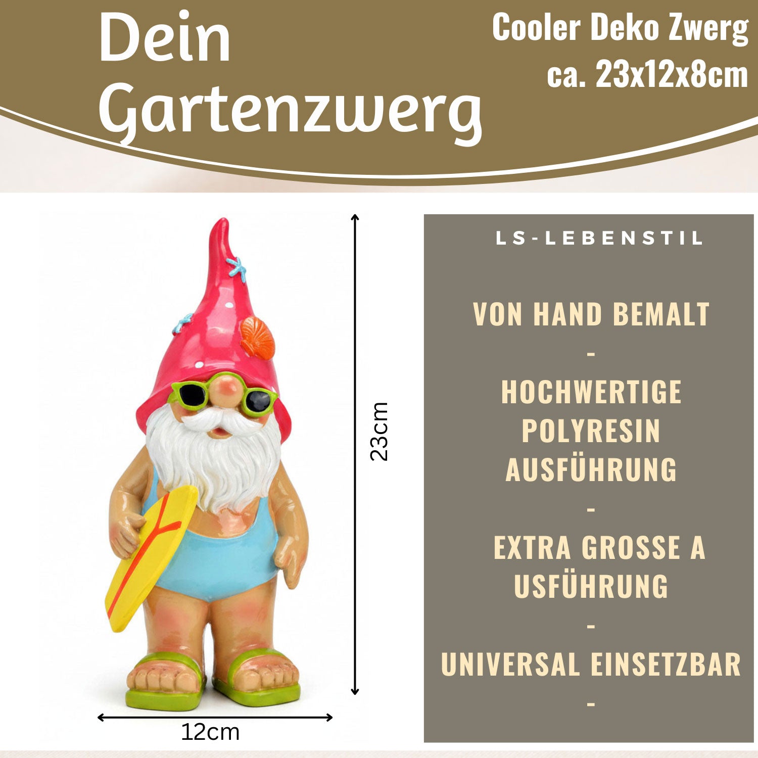 LS-LebenStil Freddy Gartenzwerg 23cm Surfer Gnom Gartenfigur