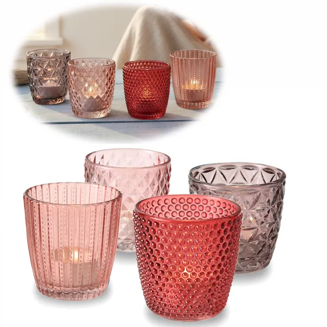 LS-LebenStil Retro Glas Teelichthalter Rosa 7cm 4er Set