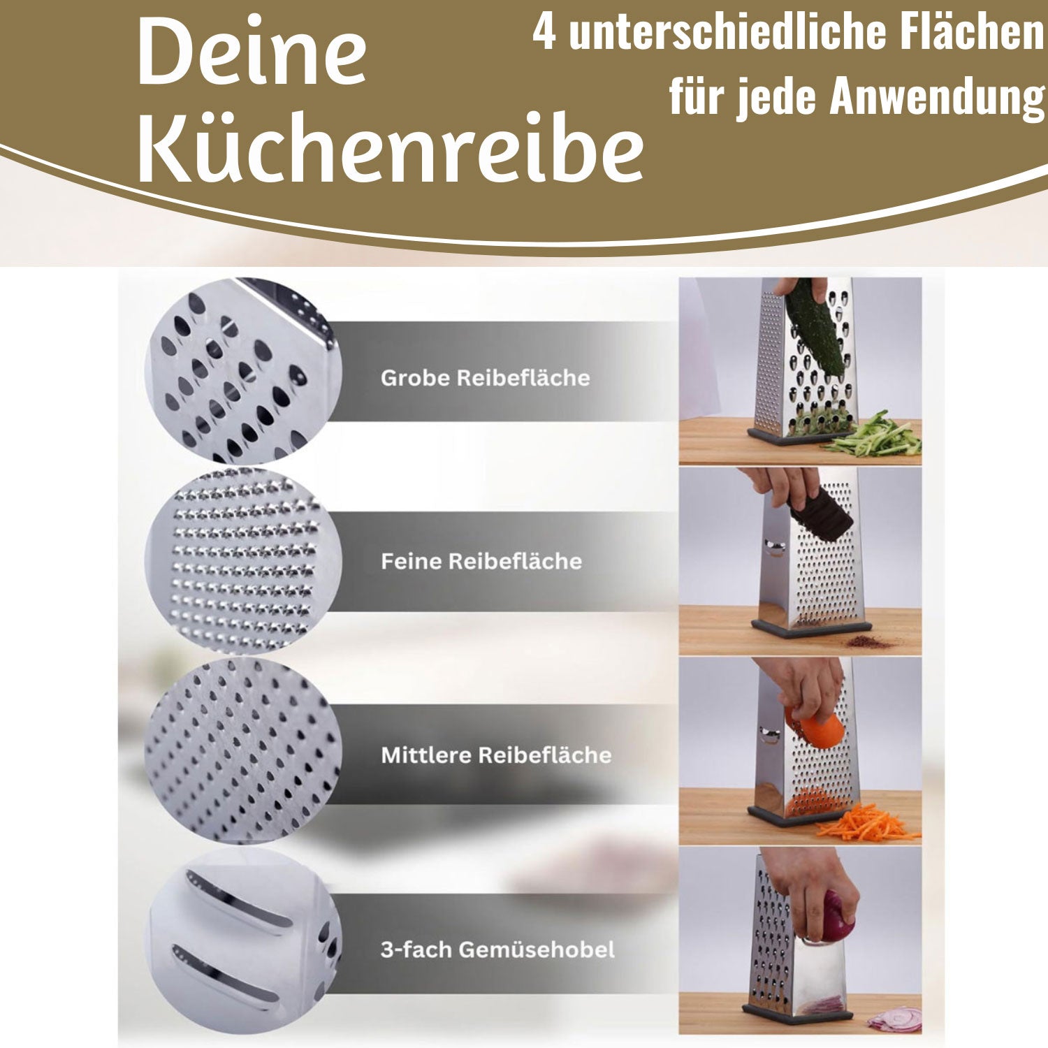 LS-LebenStil Küche Vierkantreibe 24cm Edelstahl 4-in-1 Reibe