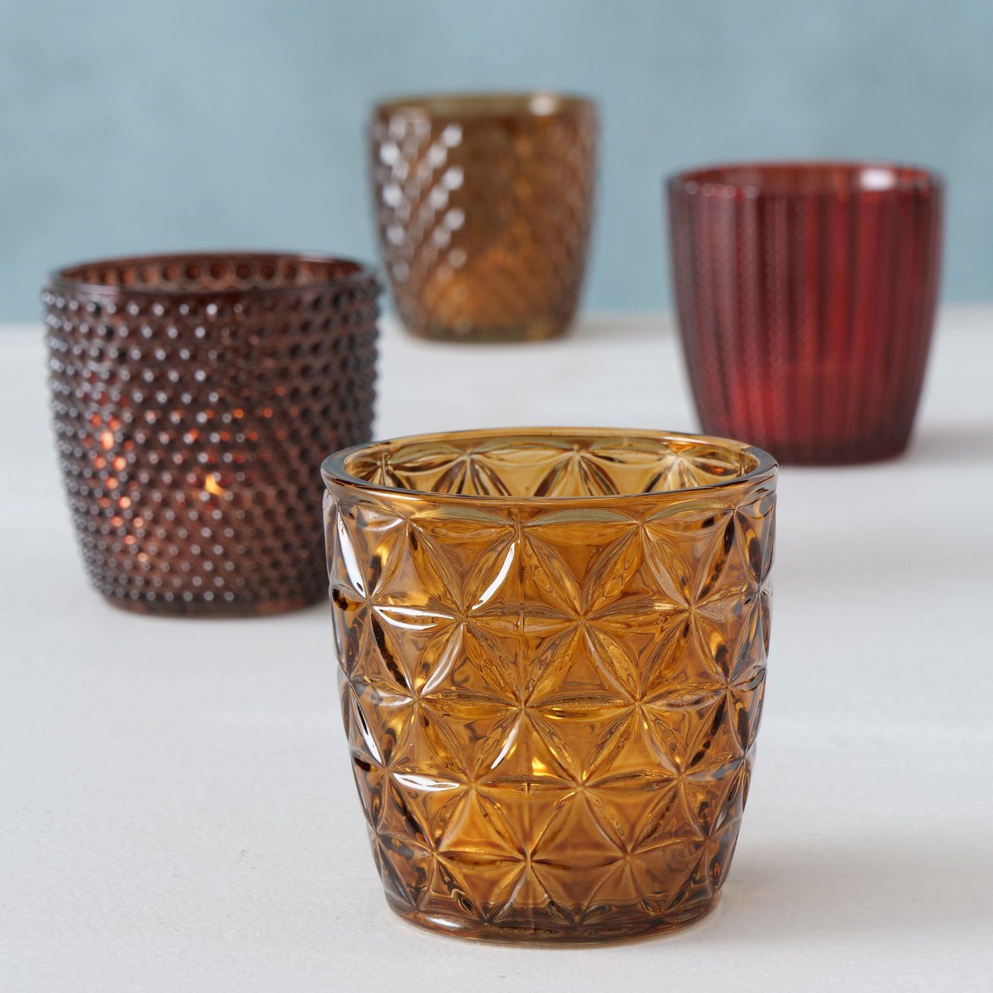 LS-LebenStil Teelichthalter Glas 4er Set Retro Rot-Braun 7cm