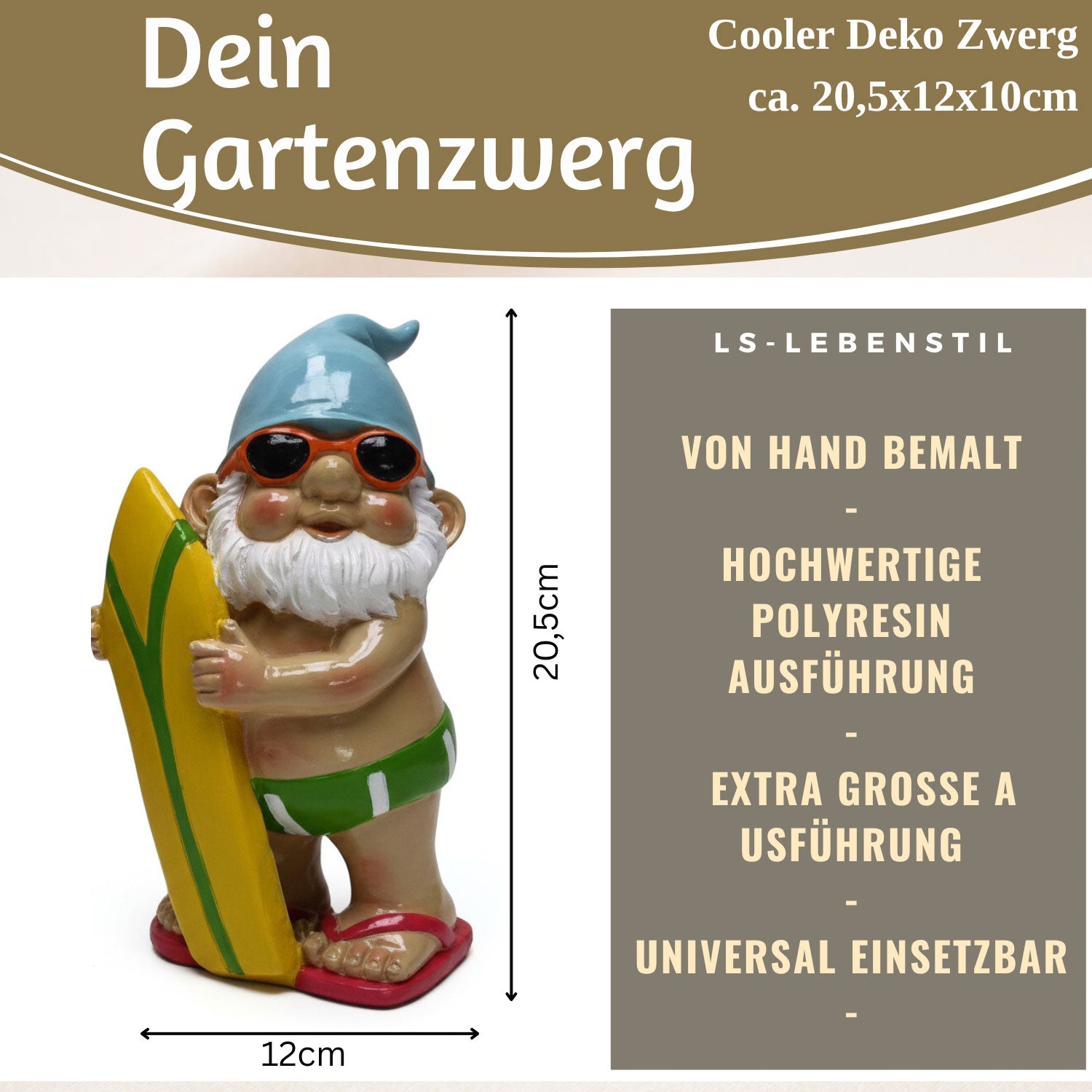 LS-LebenStil Garten & Camping Zwerg Erwin Surfer Gartenzwerg 20cm