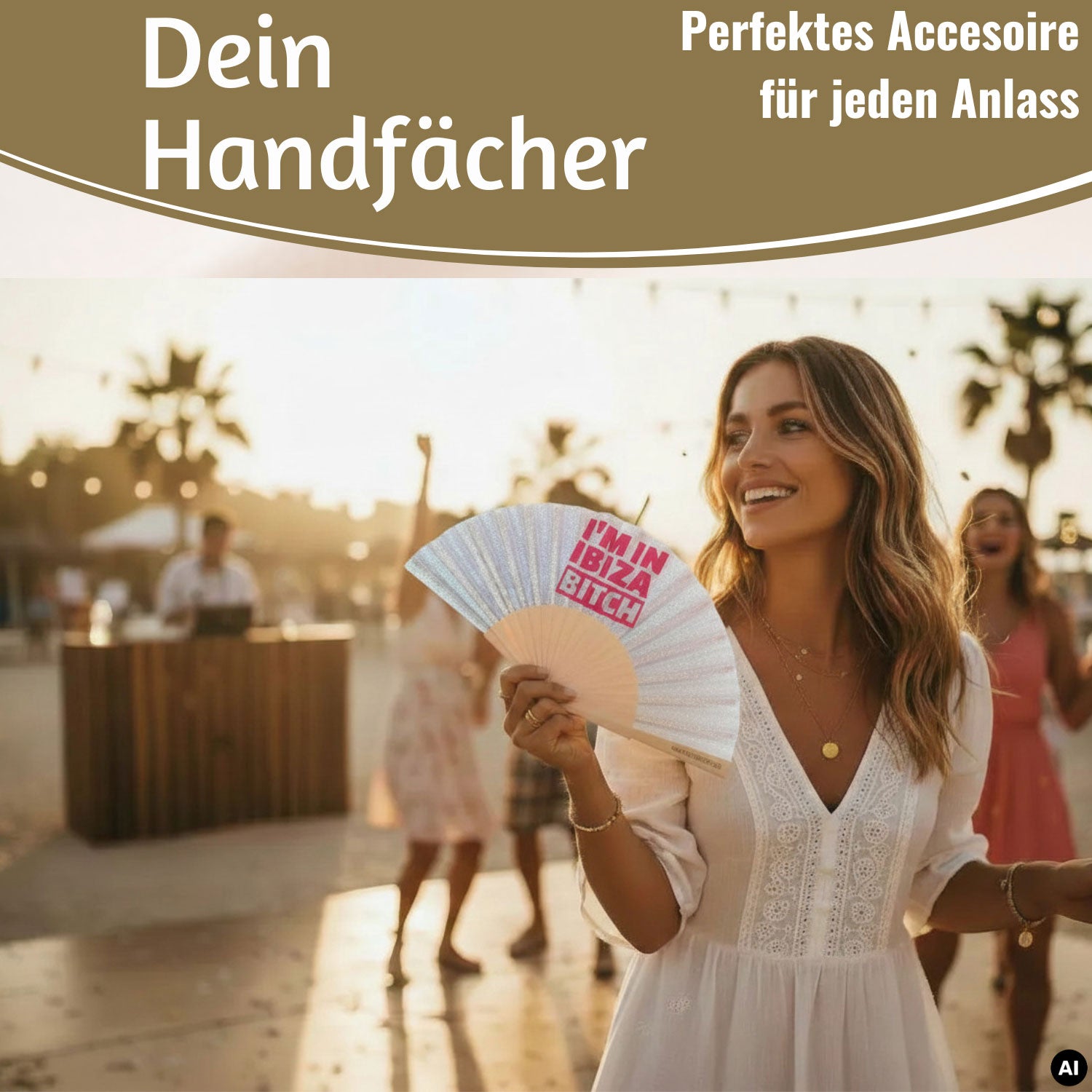 LS-LebenStil Shopper & Taschen Ibiza Bitch Fächer weiß silber 23x42cm
