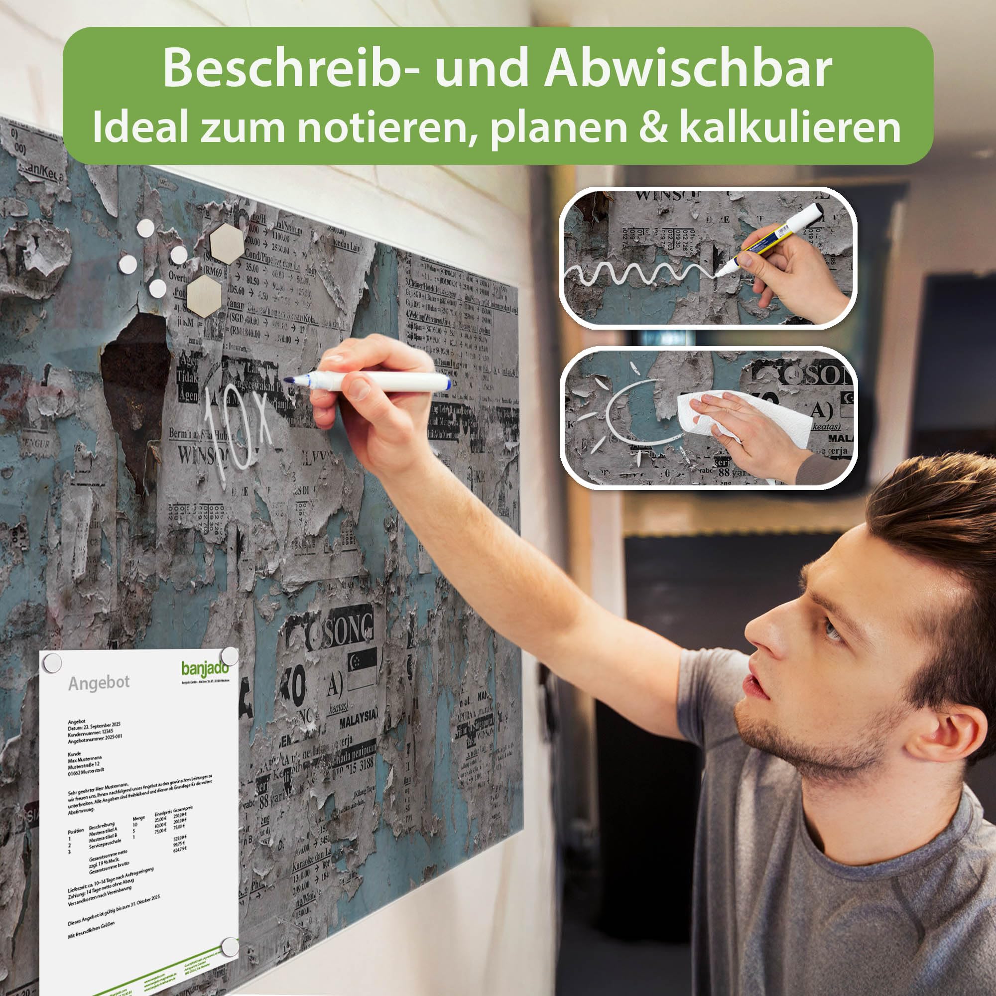 Banjado Magnettafel Wand mit Zeitungen Glasboard 120x80 cm