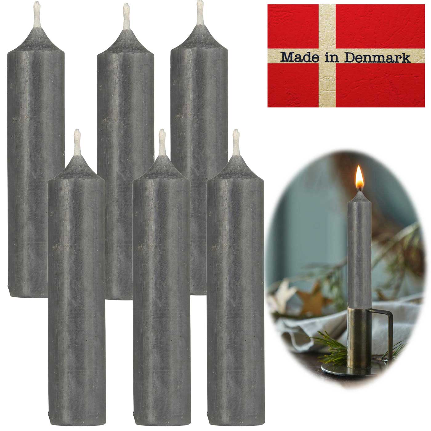 LS-LebenStil Möbel & Wohnen Ribe Stabkerzen Grau 6er Set 11cm
