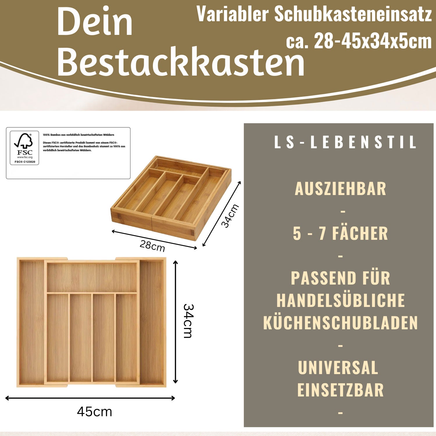 LS-LebenStil Küche & Haushalt Besteckkasten Holz 28-45cm
